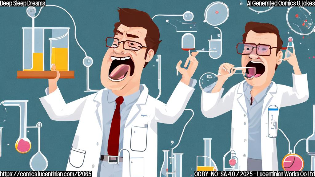 a cartoon-style image of a scientist in a lab coat yawning widely, holding a clipboard in one hand and a fluffy pillow in the other. The background is a simplified lab setting with beakers and monitors, all in pastel colors.