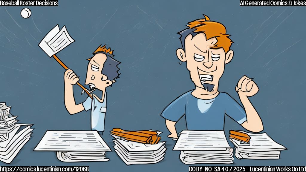 A cartoon illustration of a stressed-out baseball manager, with messy hair and sweat dripping down his face, sitting at a desk piled high with papers that say "Roster Decisions." He's holding a baseball bat like he wants to hit something. Plain blue background. Cartoon style.