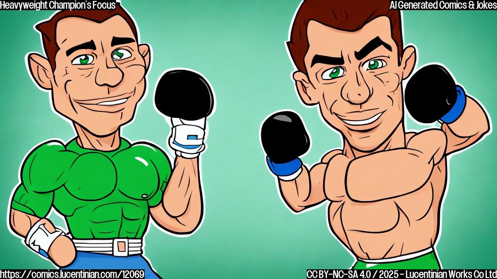 A cartoon image of a very muscular man with boxing gloves holding earplugs in each hand, wearing a championship belt. The background is a plain green color. Cartoon style.