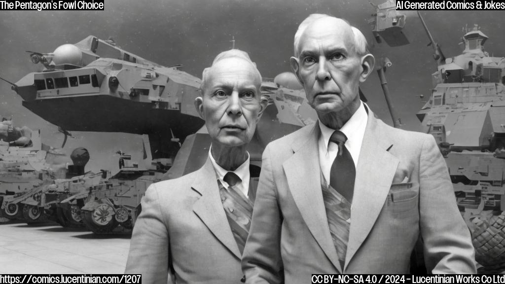 A humanoid figure with a stern expression wearing a suit, standing in front of a large, complex military equipment. The background is a blurred representation of a government office or meeting room.