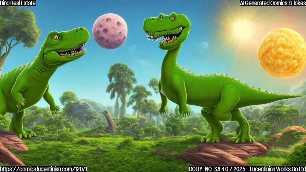 A brightly colored, simple cartoon of a green dinosaur standing proudly in front of a lush, prehistoric jungle scene. In the background, a giant asteroid is visibly hurtling towards the Earth, but the dinosaur is smiling confidently, holding a sign that says "For Sale - Make an Offer!". The style should be reminiscent of children's book illustrations, with clear lines and solid colors.