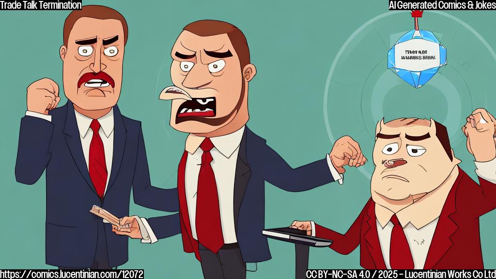 A cartoon image depicting a television screen displaying a pie chart labeled "Trade Balance," with an angry-looking businessman in a dark suit and red tie pointing at it. A beaver wearing a Canadian maple leaf is standing next to the television, looking smug. The background is a simple, plain color.