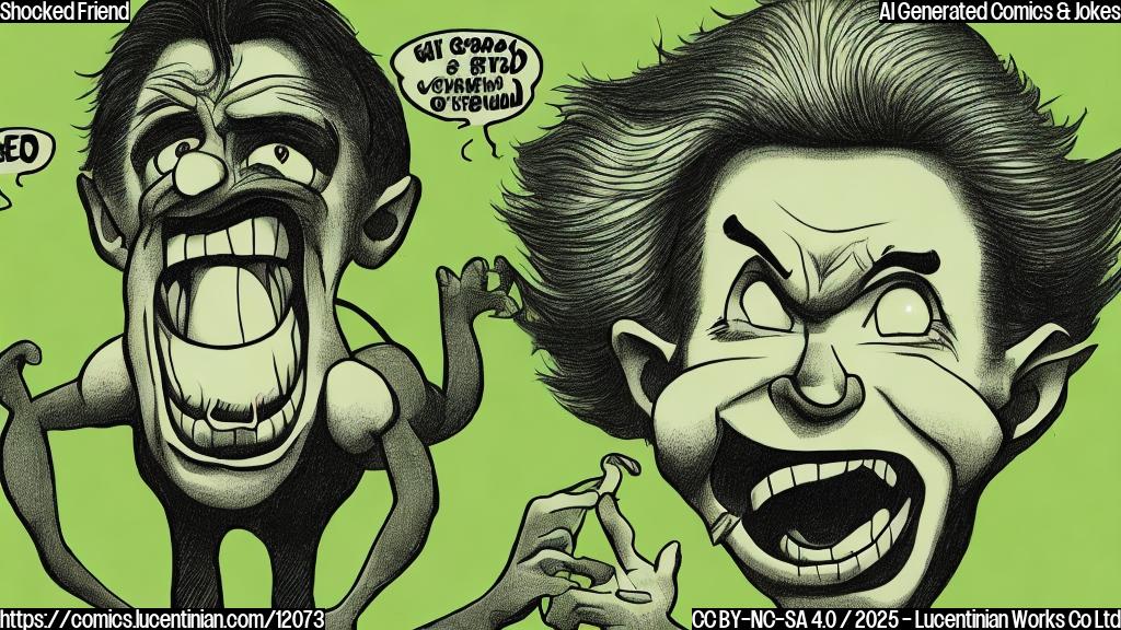 A light green plain background with a cartoon style drawing of an Australian actor with big eyes and an open mouth, showing extreme shock.