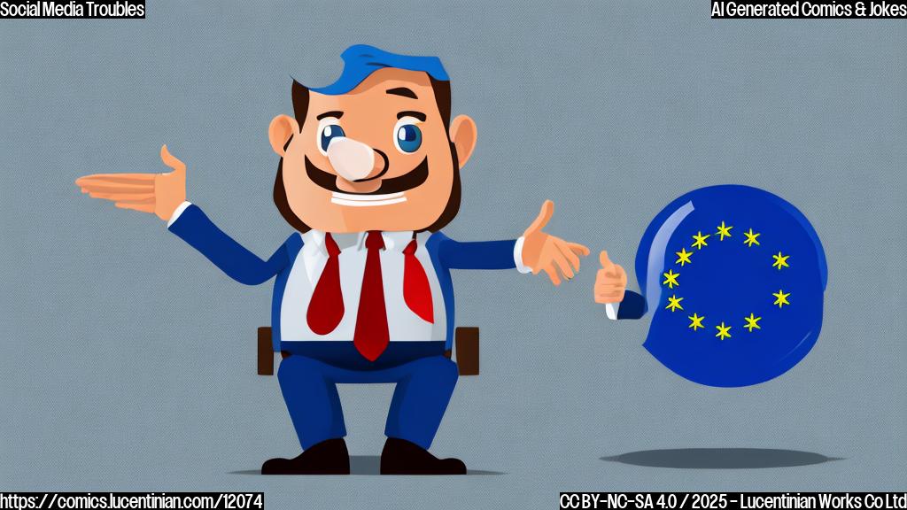 A sad, blue, generic social media logo character sitting in a principal's office with a stern-looking EU flag character pointing a finger. Cartoon style, plain colors.