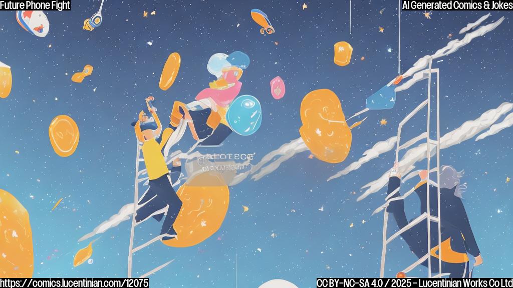 A cartoon-style illustration showing a person in a business suit with a South Korean flag pin, struggling to climb a very tall ladder labeled "2026 Flagship Sales." In the background, a sleek, futuristic phone with a "1+" logo is launching into space like a rocket, leaving a trail of stars. The color palette is bright and cheerful, with emphasis on primary colors.