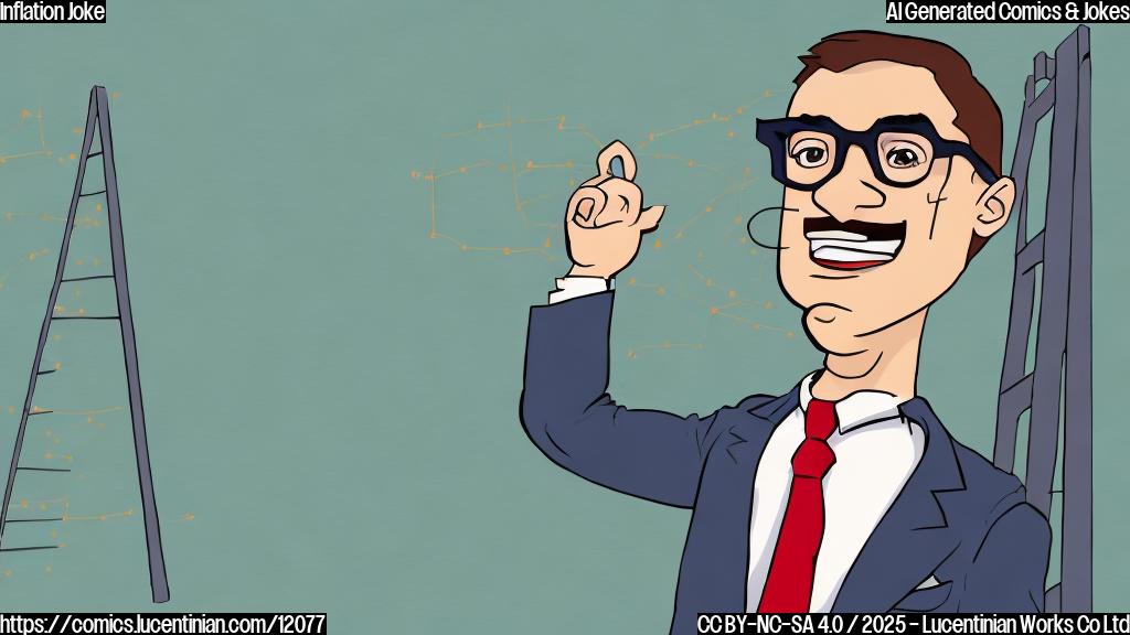 A cartoon drawing of a person wearing glasses and a tie, holding a ladder and looking upwards with a worried expression. The background is a graph with an upward trending line. The color palette is plain and simple.
