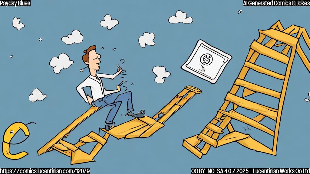 A cartoon image showing a person wearing a government employee badge trying to climb a ladder towards a floating paycheck in the sky, against a plain blue background. The style should be simple and cartoonish.