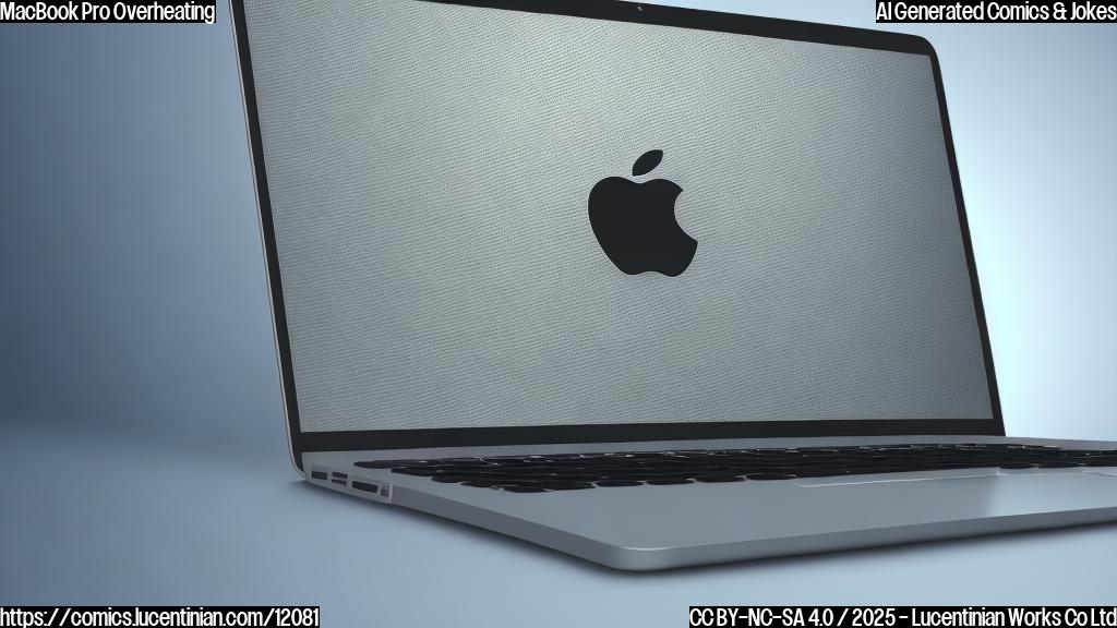 Draw a worried-looking, sleek silver laptop with a bitten apple logo on its lid. The laptop is sweating profusely, with large droplets of sweat rolling down its sides. The background is a plain light blue. Cartoon style.