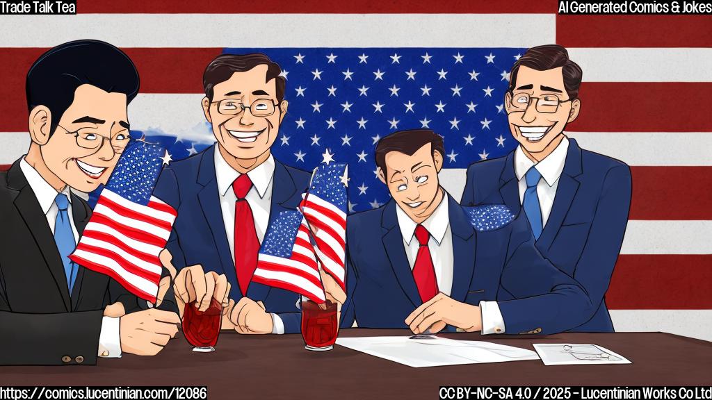 A cartoon style image of two businessmen, one dressed in a suit with an American flag pin and the other in a suit with a Chinese flag pin, sitting at a table in Malaysia. The American is offering the Chinese businessman a glass of iced tea. Both characters are smiling. The background is a simple, plain light blue.