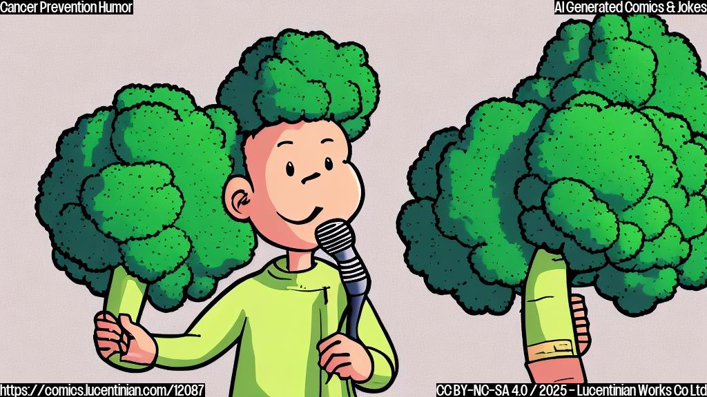 A simple, plain color cartoon of a young adult with a microphone on a stage, bathed in a spotlight, with a giant broccoli floret in the background. The style is minimalist and friendly.