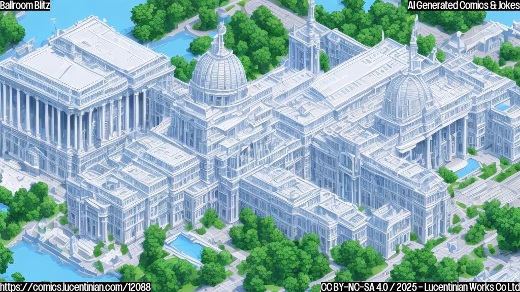 A cartoon-style, solid light blue background with a very large building labeled "Ballroom" overshadowing a much smaller, but similarly styled building labeled "White House". Both buildings have simple, blocky designs.