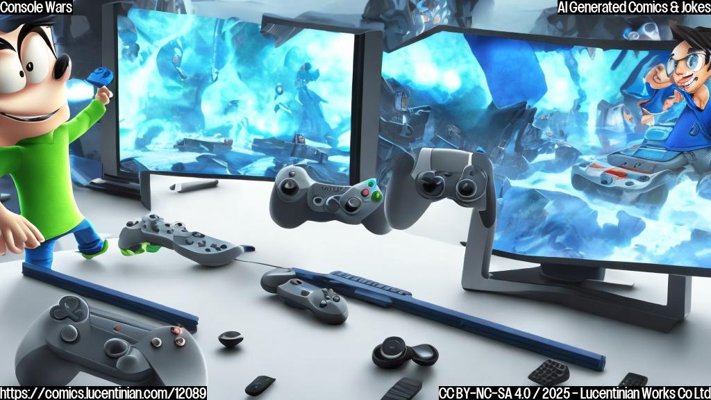 A blue cartoon gaming console looking enviously towards a gray cartoon gaming console. The blue console has a worried expression, and the gray console has a smug look. The background is a plain green color.
