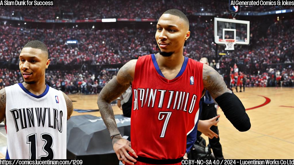 Draw a cartoon of a young basketball player, wearing a Portland Trail Blazers jersey and hat, with a confident expression on their face. The player is shown standing in front of a basketball hoop, with the Minnesota Timberwolves logo blurred in the background. The player's jersey should have a prominent number 6 on it, representing Damian Lillard's old jersey number before he left the team.