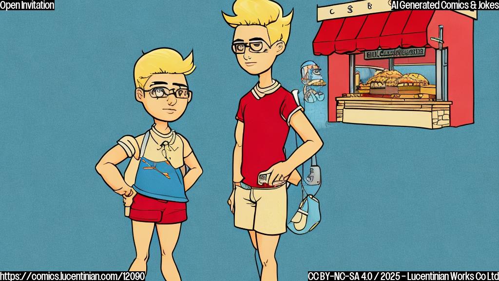 Plain color cartoon style image depicting two stylized figures. One figure has a distinctive blonde hairstyle and the other has a unique haircut. They are standing next to a fast food restaurant. The background is a light blue sky.