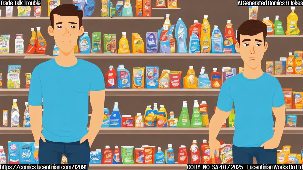 Cartoon style illustration. A sad looking customer, light skin, with short brown hair, wearing a blue t-shirt, standing in front of a generic supermarket shelf filled with plain looking milk cartons and wooden planks. The items on the shelf have small price tags that are comically large and displaying increasing numbers. The background is a plain, light grey.