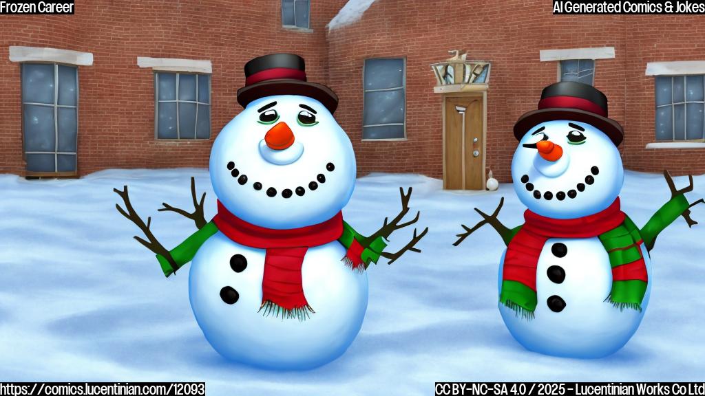 A cartoon image depicting a smiling snowman wearing a suit and tie, standing in front of a building labeled "Career Opportunities". The snowman looks worried, and there are melting puddles around his feet. The overall style should be simple, colorful, and cartoonish, using only plain colors, with a focus on clear and easily readable visuals.