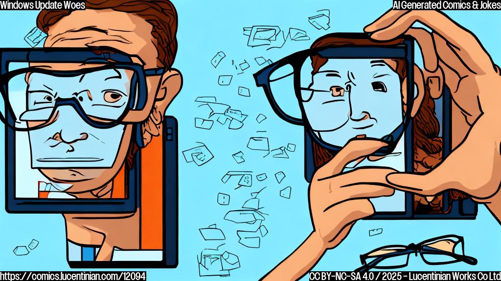 A blue computer with thick glasses trying to read a very small text on its screen. The background is a plain light blue. Cartoon style.