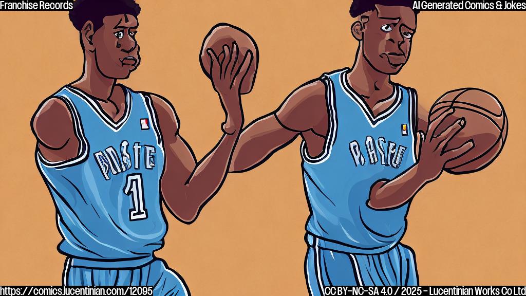 A cartoon style image with a plain color background of a basketball player happily holding a basketball, looking determined.