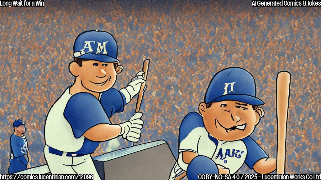 a plain color cartoon style picture of a baseball fan carrying a large ladder into a baseball stadium. The fan is wearing a blue and white jersey and a baseball cap. The stadium is full of cheering fans.