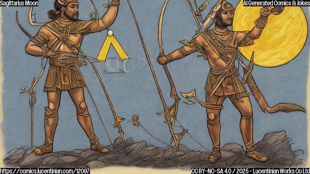 Cartoon style drawing of a brown archer with an arrow, representing Sagittarius, standing under a big, shining, plain yellow moon. The background is a simple, plain light blue sky.
