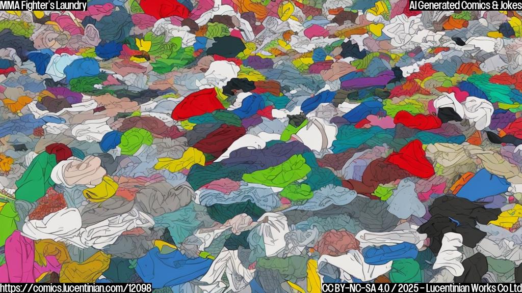 Plain color cartoon style picture of a washing machine overflowing with heavily stained clothes. Some stains resemble boxing gloves and martial arts kicks.