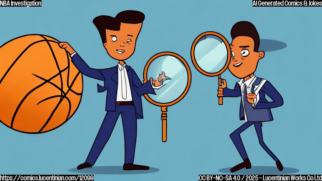 A cartoon detective holding a magnifying glass, looking at a basketball. The basketball has dollar signs on it. Plain background.