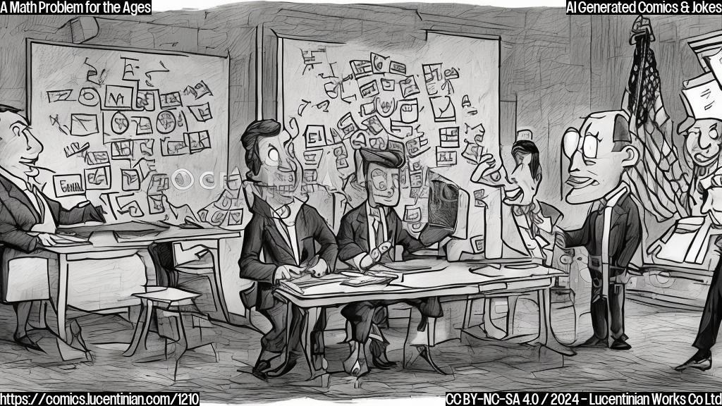 Draw a cartoon style image of a smiling Republican congressman (with a lawyer's briefcase in hand) solving an algebra equation on a blackboard, while a puzzled-looking figure (representing the general public) looks on in confusion.