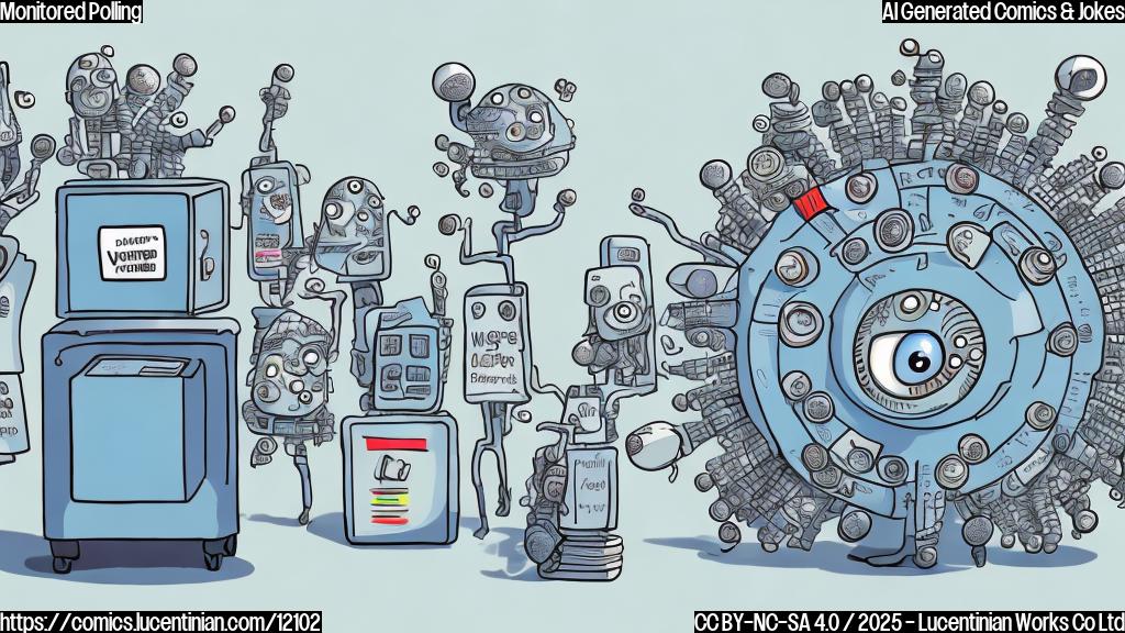 A cartoon-style image of a voting machine with worried eyes, surrounded by multiple, oversized eyeballs on stalks looking at it. The background is a plain light blue color.