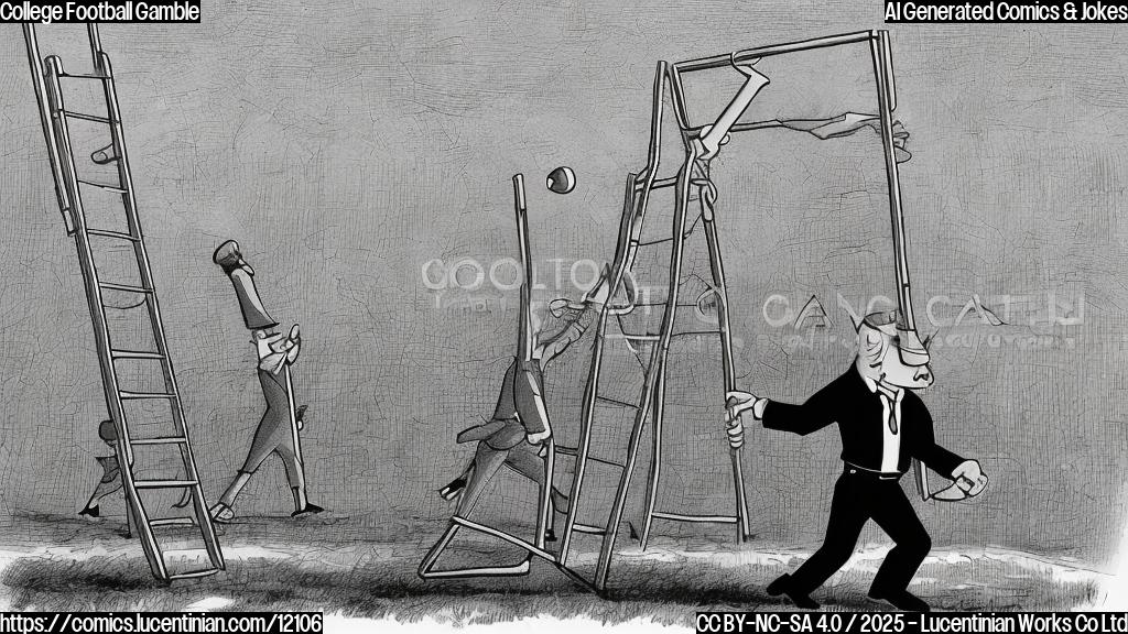 Plain color cartoon style, a football coach with a whistle around his neck, carrying a ridiculously large ladder onto a football field. The goal post is in the background.