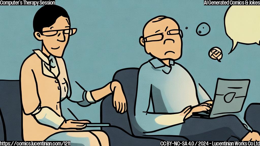A cartoon-style image of a computer with a thought bubble, sitting on a therapist's couch, looking worried and having a few pixels or digital bugs scattered around it. The therapist is a calm, smiling figure with a notebook and pen.