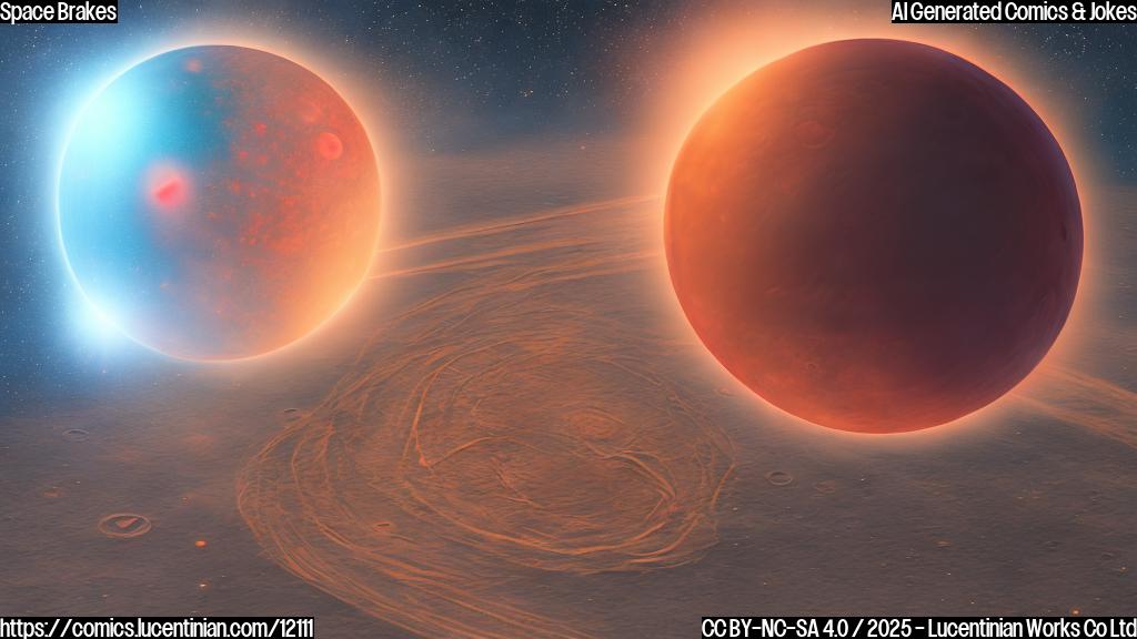 Plain color cartoon style picture of a celestial body with brake lights engaged, with a red planet in the background.