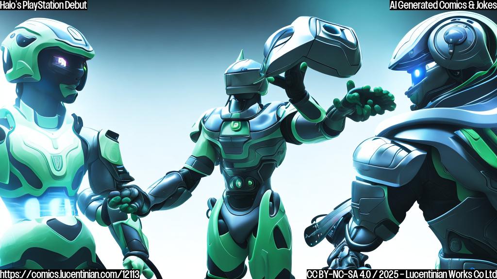 Cartoon of a green game console crying while a character in futuristic armor walks towards a blue game console with a happy expression. The background is plain light blue.