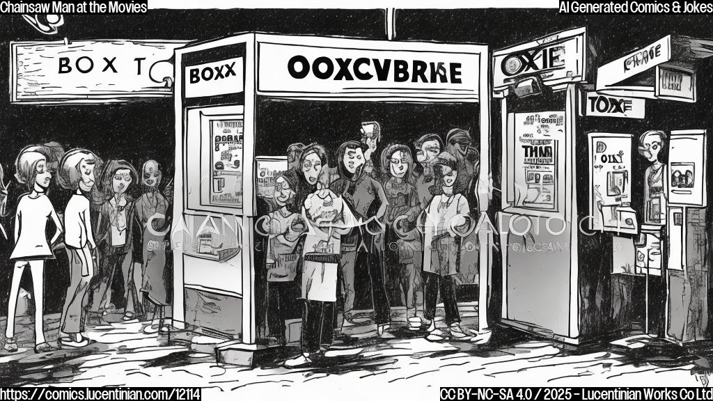 A cartoon image. A ticket booth at a movie theater. The sign above the booth reads "Box Office." A long line of excited-looking people, drawn in a simple, plain color cartoon style, are waiting to purchase tickets. The poster on the side of the booth is for a movie called "The Chainsaw Person Movie." The movie poster shows a character with a chainsaw for a head.