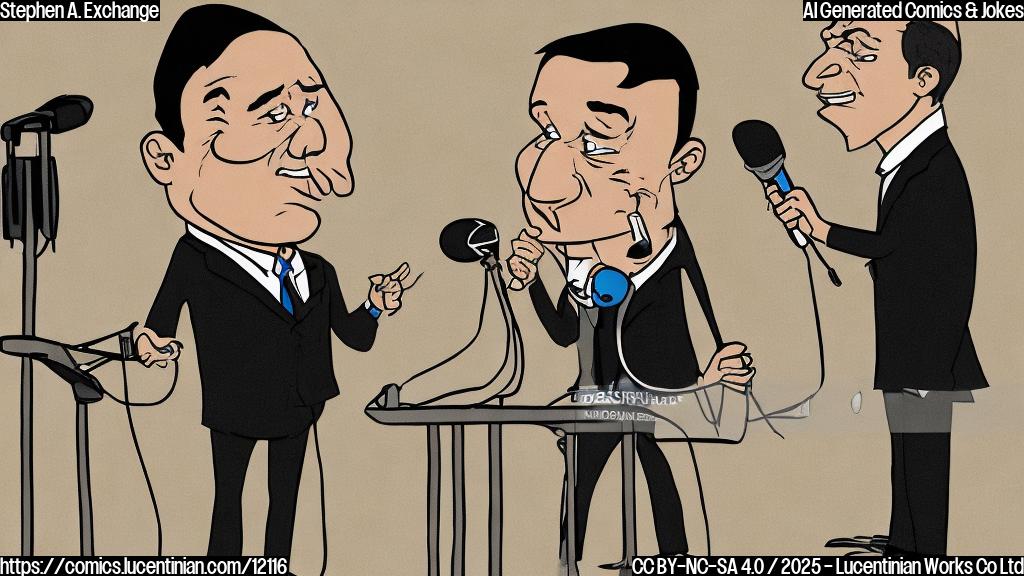 Plain color cartoon style. A frustrated looking sports commentator with a microphone stands opposite a stern-faced man in a suit. The commentator is sweating slightly. The background is a simple, neutral color.