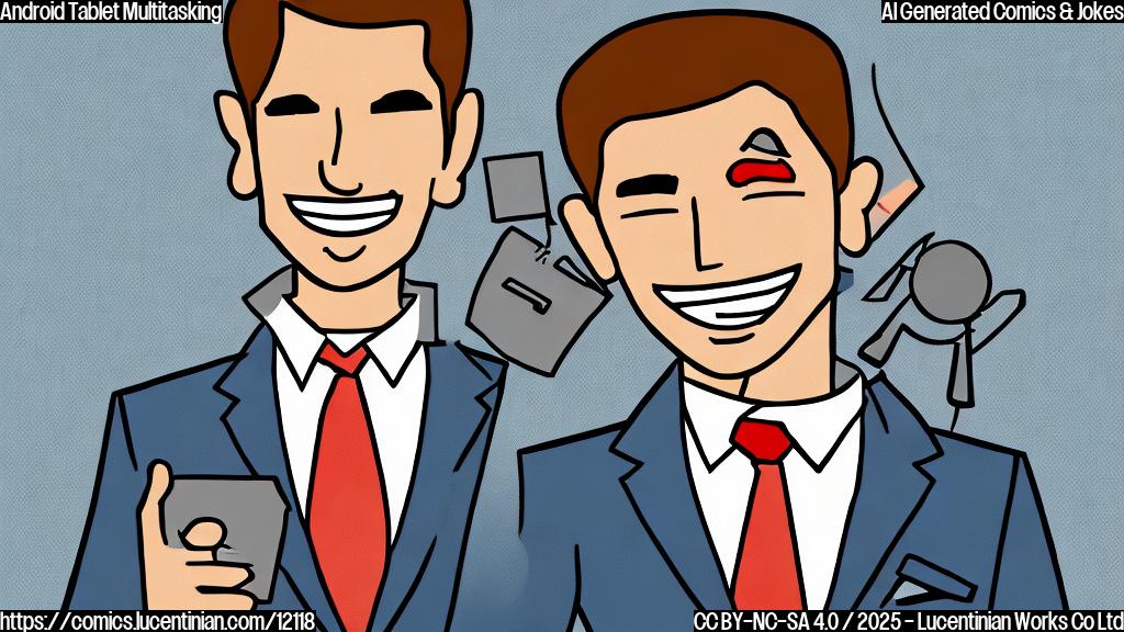 Plain color cartoon style image of a smiling Android tablet wearing a business suit and tie, holding several files in its arms, with speech bubbles coming out of it. The background is a simple office setting with a desk and a computer.