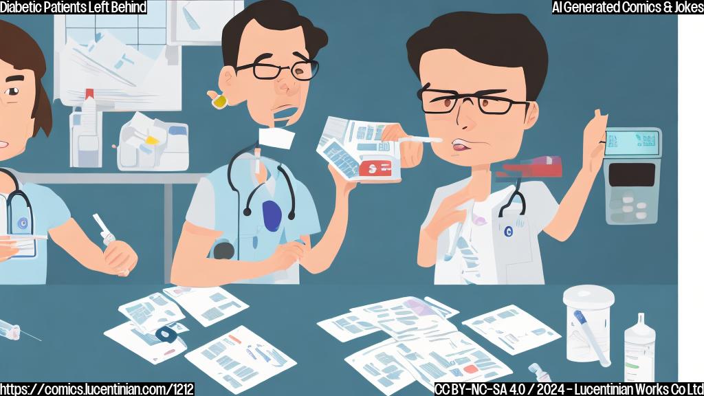 A cartoon of a person with a syringe and a calculator, sitting at a desk with a worried expression, while another person (with a similar expression) is shown holding a wallet with a "zero balance" sign on it. The background should be a faint image of a medical chart or a hospital room.