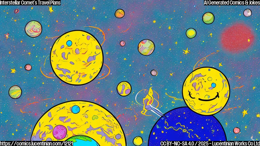 A brightly colored cartoon comet with a cheerful face and a long, sparkling tail zooms past a simplified drawing of a planet resembling earth. The comet is waving hello with a small, gloved hand. The background is a solid, bright blue color.