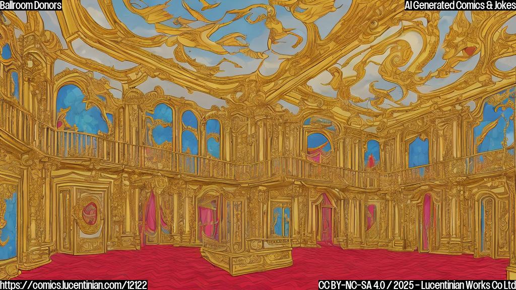 A cartoon-style image depicting a large, overflowing money bag with wings, flying towards a grand, newly constructed ballroom. The ballroom has large, ornate windows and a red carpet leading to the entrance. The color palette is bright and cheerful. The style is simple, similar to a children's book illustration.
