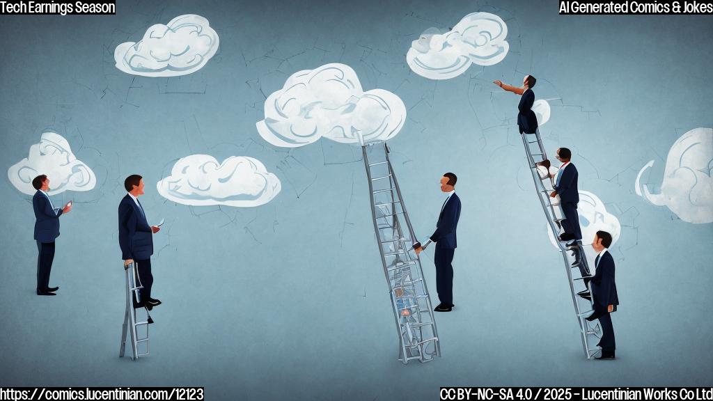 A cartoon image in a plain style. Several generic smiling people in business suits are looking up at a ladder reaching towards a stylized cloud with the words "Profits" written on it. The background is a solid light blue.