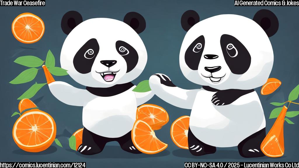Cartoon illustration, plain background, featuring two stylized panda bears shaking hands. One panda has a slightly worried expression, the other has a relieved expression. In the background, a hand with orange skin and a very long red tie is reaching towards a pile of bamboo shoots. The style is simple and clean, suitable for a children's book.