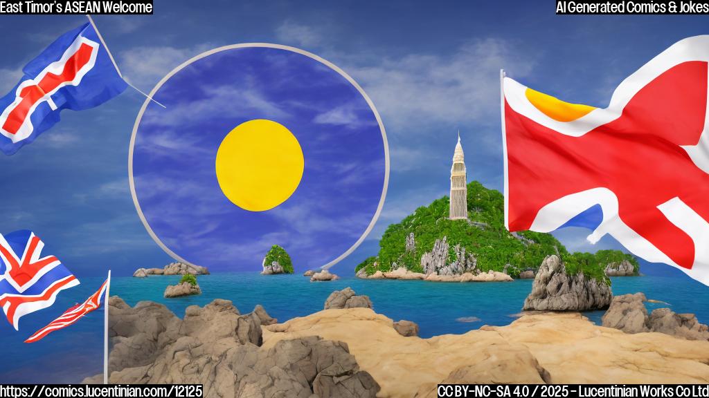 A cartoon image of a small island with a national flag waving excitedly, standing next to a larger, round table with ten chairs around it, each chair bearing a different flag of Southeast Asian countries. The island has a big, happy smile. The style is simple and bright, with flat colors.