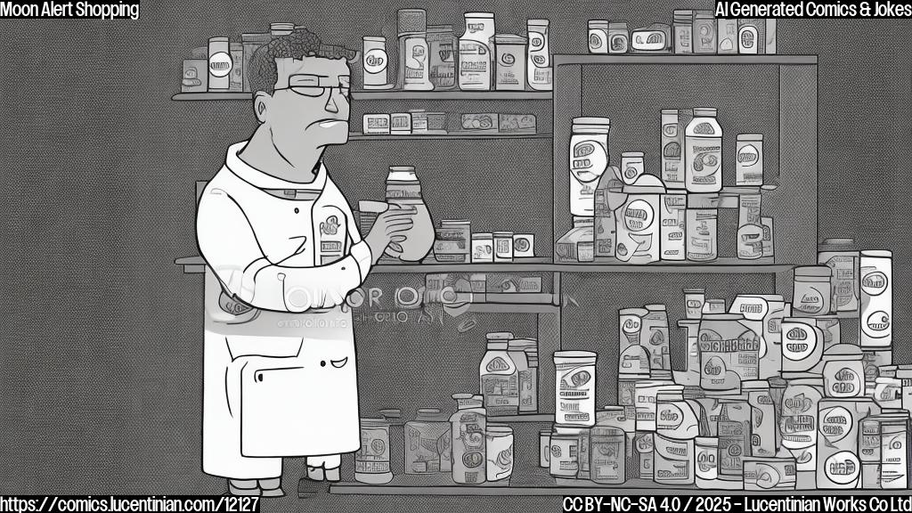A cartoon of a person in a grocery store, looking through a telescope at the expiration dates of a can of beans, with a confused expression. Plain background, simple shapes.