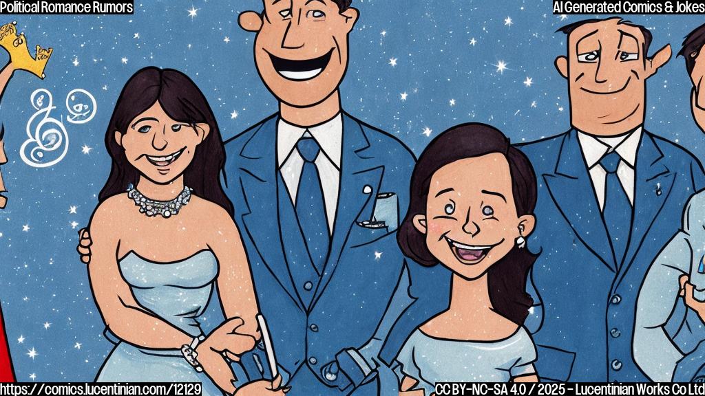 A simple cartoon drawing with a solid light blue background. On the left, a cartoon man with dark hair neatly styled, wearing a dark suit and tie, is smiling warmly. On the right, a cartoon woman with long dark hair and big blue eyes is wearing a sparkly dress and also smiling. A small Canadian flag and a musical note float between them. The style is very plain and childlike.