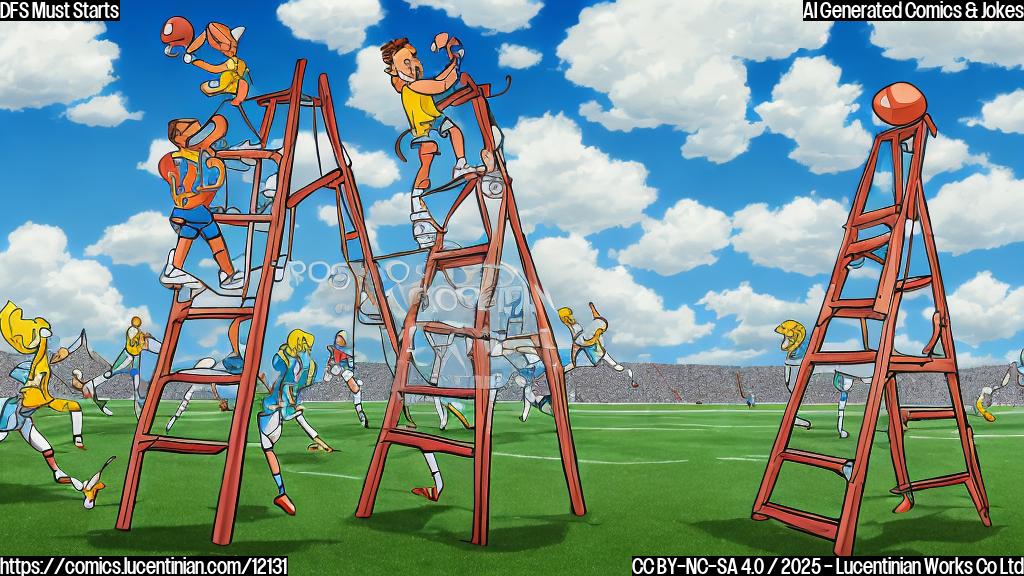 A cartoon image depicting a football stadium with a giant ladder leading up to the sky. A small, determined cartoon person with a DFS player t-shirt is climbing the ladder. The sky has DFS 'Must Starts' written on clouds.