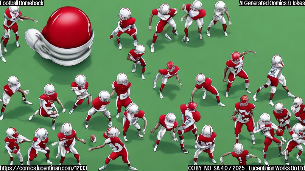 Cartoon style, a green football field with a football team in red jerseys standing next to a tall silver ladder. The other team, in blue jerseys, looks surprised. Plain color background.