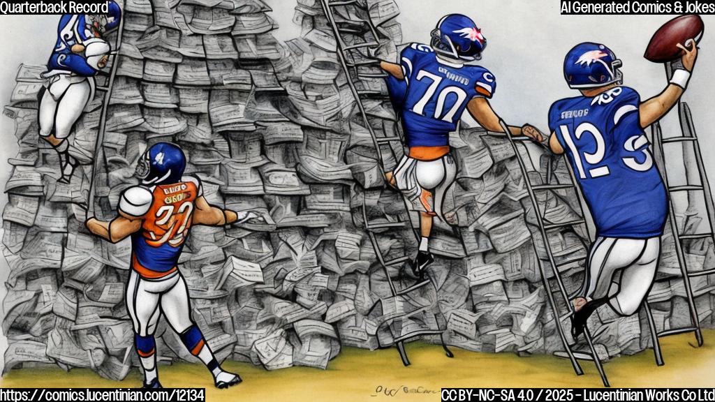 A cartoon drawing of a generic football player wearing a Broncos jersey climbing a ladder made of NFL record books.