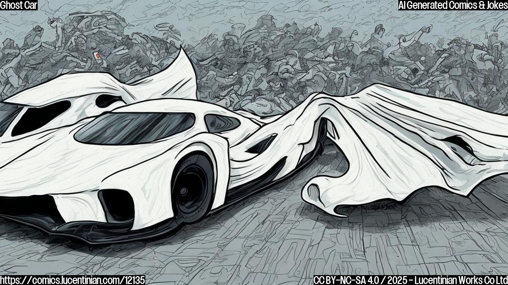 A cartoon drawing of a white race car with a white sheet draped over it, resembling a ghost. The car is on a race track with other blurred race cars in the background. The style is simple, with flat colors and thick outlines.
