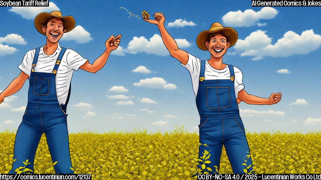 A farmer wearing overalls and a straw hat jumping for joy in a field of soybeans. The sky is blue and sunny. Cartoon style, plain colors.