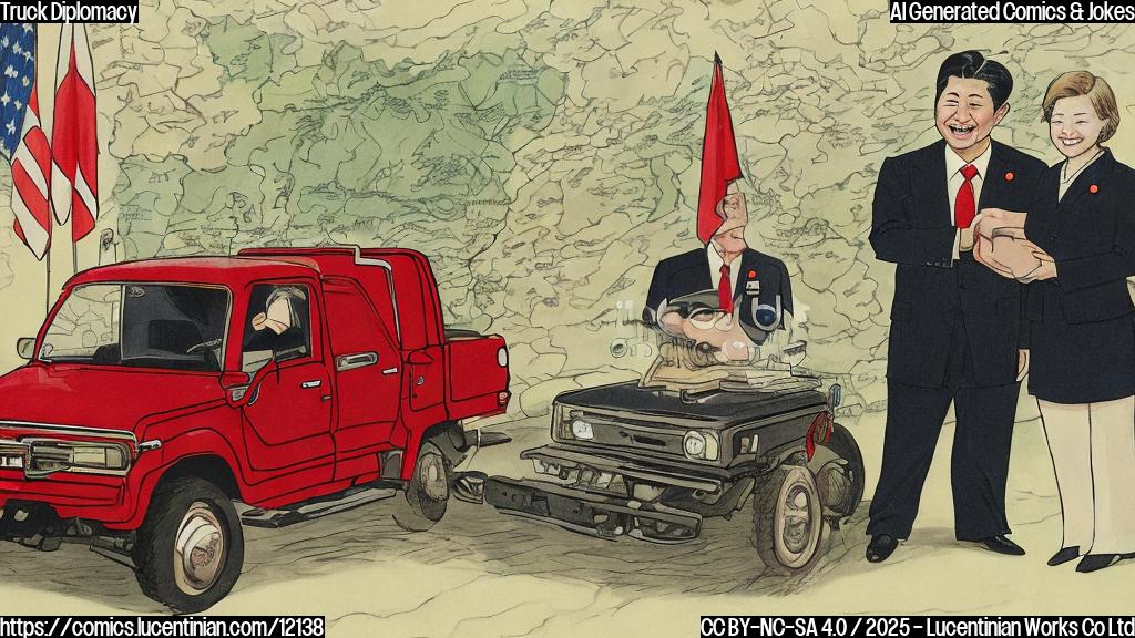 a plain color cartoon style picture showing a Japanese prime minister with short brown hair handing a miniature red pickup truck to a foreign country leader with blonde hair. Both are smiling in a business meeting setting.