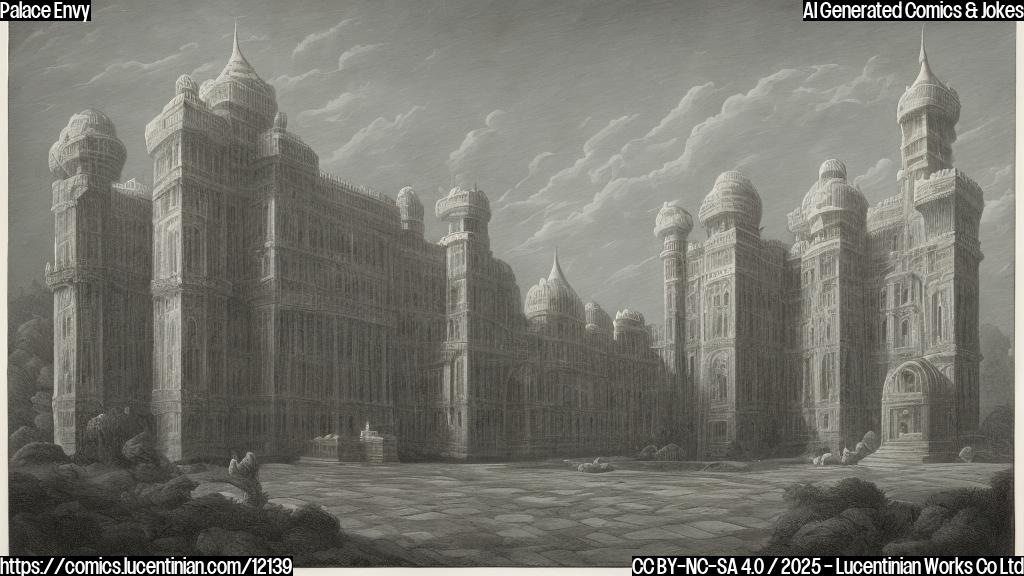 A cartoon drawing of two huge, generic, plain colored palaces facing each other. One palace is slightly smaller and looking up enviously at the other, much larger palace. The sky is a simple gradient of blue.